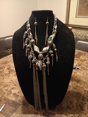 Silver-Tone Multi Strand Tassel Necklace & Earring Set - Black Accents